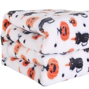 Halloween White Baby Blanket Cats Pumpkins Soft Throw Plush Flannel Fleece Fall